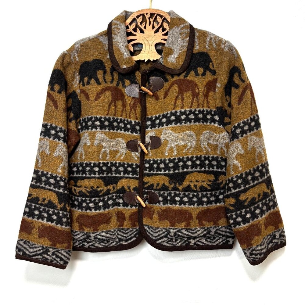 Vintage Ivy Knit Coat Animal Print Brown Long Sleeve 90s Wool Blend Women Mexico